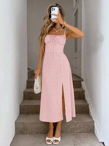 Easowa Ruched Neckline Tie Cinched Waist A-Line High Slit Spring/Summer Light Yellow Spaghetti Strap Midi Dress, Textured Jacquard Fabric, Casual Vacation Elegant Streetwear Pink Dress Maxi Dress Summer Dress Casual Long Dress Vacation Dress