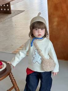 DAZY 女婴卡通熊圆领长袖毛衣，韩版秋冬 - 杏色 - 查看 5