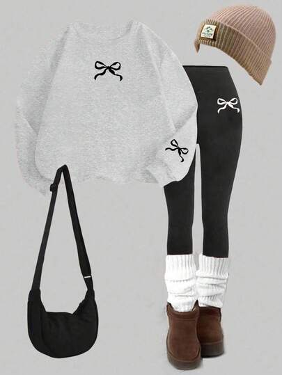 SHEIN Leap Crew 2 件套可爱迷你蝴蝶结印花套头连帽衫和裤子，粉色，适合少女秋冬休闲装