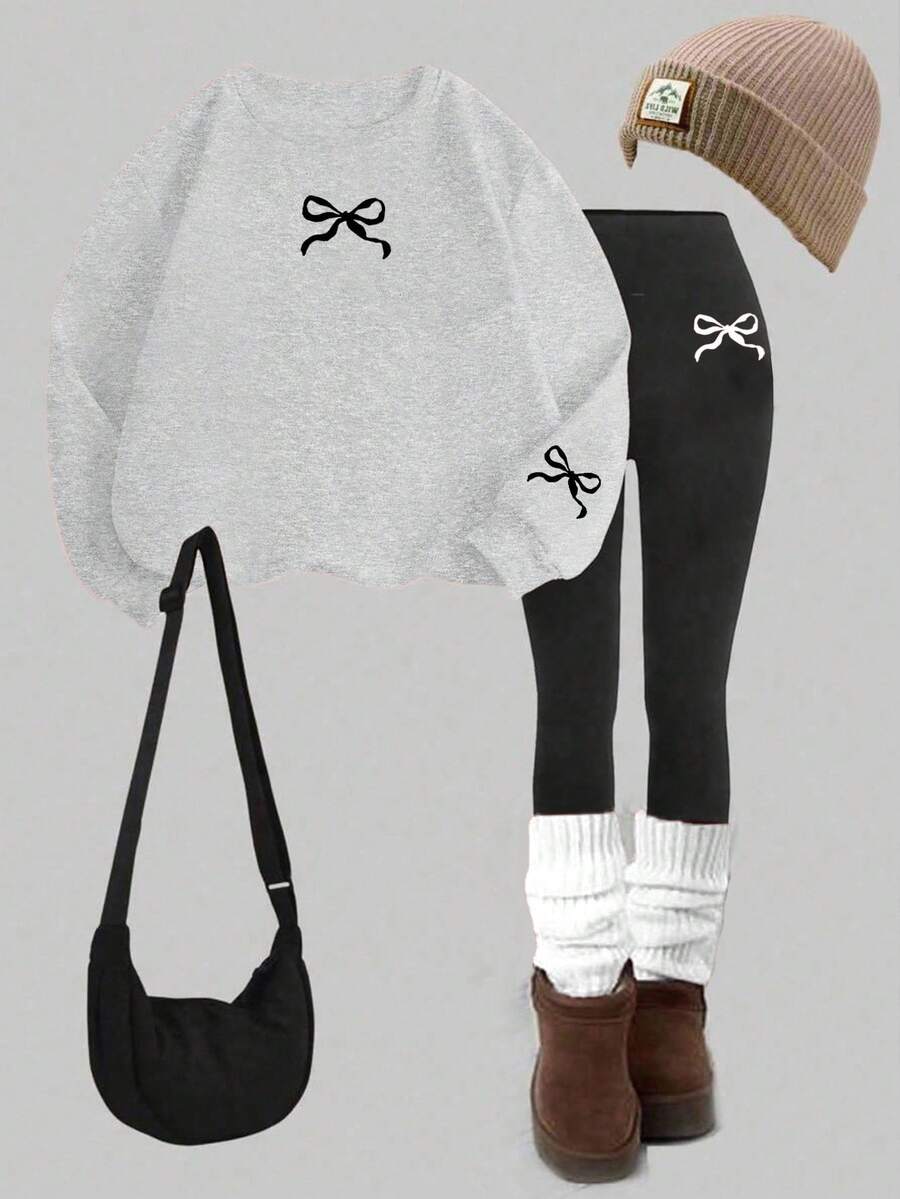 SHEIN Leap Crew 2 件套可爱迷你蝴蝶结印花套头连帽衫和裤子，粉色，适合少女秋冬休闲装