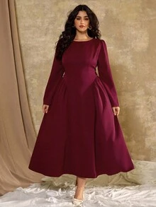 Roveilla 大码女式优雅法式浪漫复古办公室通勤街头风格下午茶派对感恩节返校方领 A 字长袖超长连衣裙，腰带蝴蝶结和泡泡袖 - 紫紅色 - 查看 1