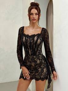SHEIN BAE 黑色蕾丝拼接紧身褶饰长袖性感透视迷你连衣裙，适合外出，黑色蕾丝连衣裙 - 黑色 - 查看 3