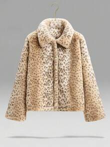 TRNVIE 1pc Brown Fuzzy Leopard Print Lapel Collar Relaxed Fit Lined Jacket, Suitable For Office, Commuting, Casual Wear In Autumn/Winter