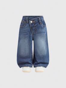 SHEIN 女童Y2K可爱蓝色牛仔毛边不对称腰宽松裤，加绒保暖裤，街头风，冬季休闲时尚度假装，加绒保暖，秋季穿着更舒适 - 深色水洗藍 - 查看 3