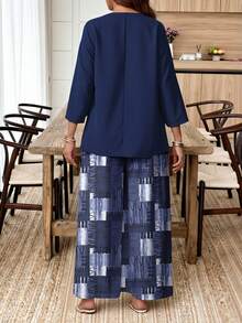 EMERY ROSE Plus Size Navy Blue Minimalist Line Print Comfortable Casual 2 Pieces Set - Multicolor - View 2