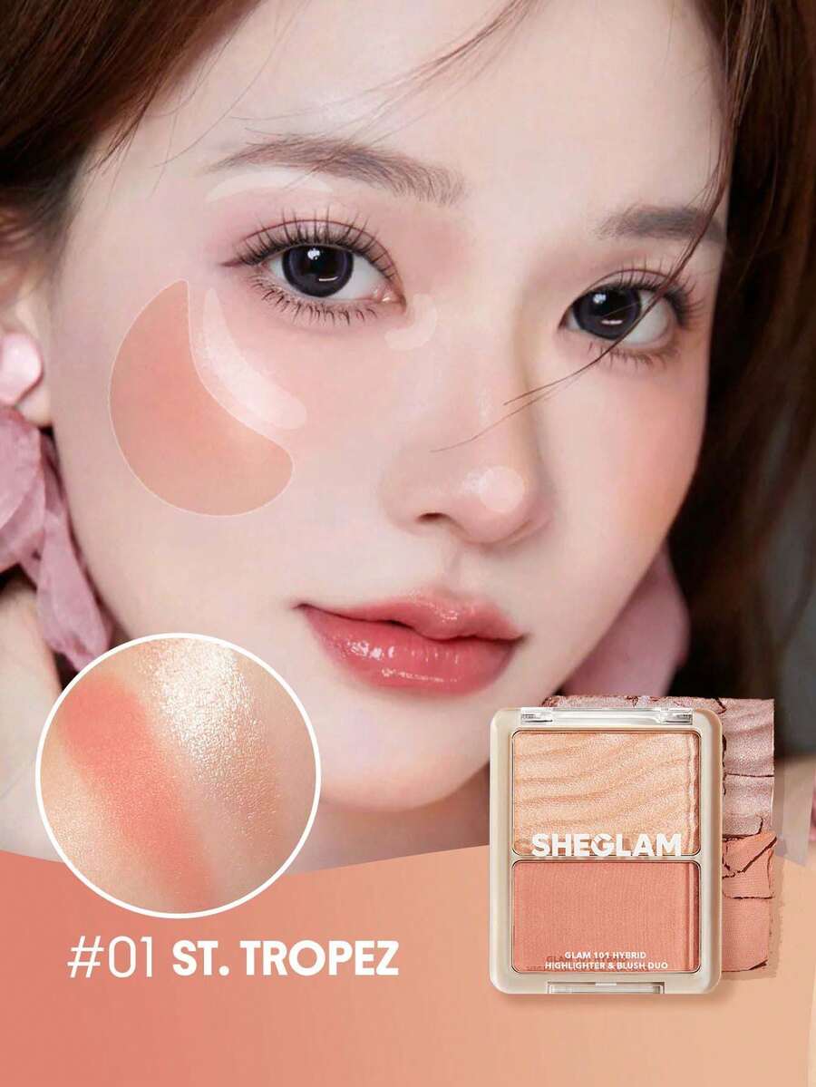 SHEGLAM Glam 101 Hybrid Highlighter & Blush Duo-St. Tropez Blush Highlighter Powder Palette Non-Fading Multi-Use Non-Greasy Shimmer Lightweight Smooth Blusher Pink Brown Rosa Blush Brand Beauty Makeup Face Paint Cosmetic For Women Girls Perfect For Winter Spring Ideal For Y2K Fancy Fashion Suitable For Birthday Gift Party Ready Best Color - St. Tropez - View 1