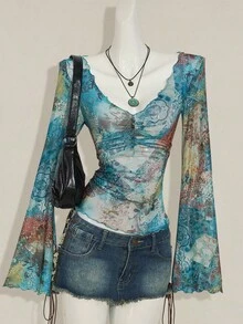 SHEIN ICON 秋季女式西部波西米亚风蓝绿色全身印花V领褶饰优雅长袖衬衫 - 彩色 - 查看 1