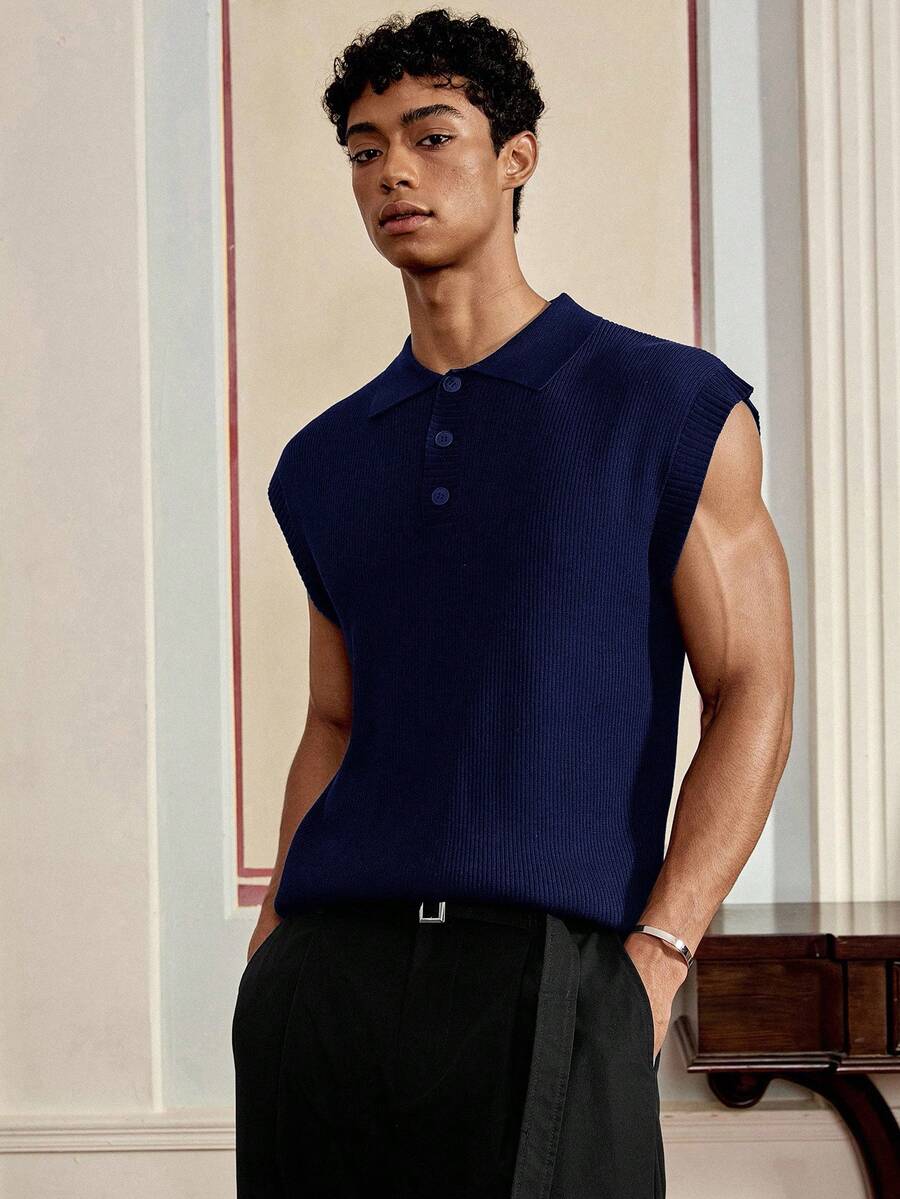 SWAVVY Áo ba lỗ tay ngắn dáng rộng thoải mái dệt kim cho nam, dành cho mùa thu đông - Màu xanh lam - Xem 1