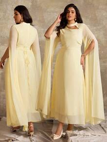 Roveilla Váy voan thanh lịch cổ khoét sâu, buộc chéo sau lưng, viền xòe, tay dài dành cho nữ, thích hợp đi biển, dự tiệc, trà chiều, cỡ lớn, xuân/hè/thu/đông - Màu vàng - Xem 9