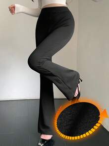 DAZY Women's Elegant Solid Color Flare Pants Winter - Black - View 2