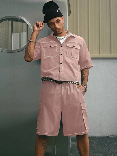 AXEPEAK 2pcs/Set Casual Street Style Lapel Short Sleeve Loose Fit Shirt & Shorts Set For Men