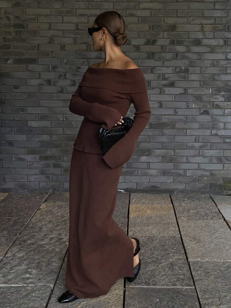 DAZY Elegant Off Shoulder Knitted 2 Pieces Set For Women, Autumn/Winter Fall