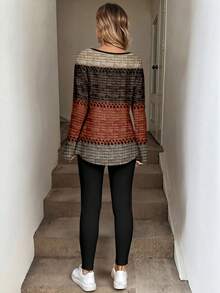 SHEIN LUNE 2 件套女士秋冬长袖 T 恤和紧身裤，深棕色和橙色仿机械条纹定位印花图案，适合休闲家居风格 - 彩色 - 查看 3