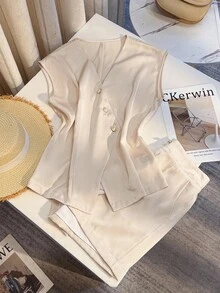 SHEIN Clasi Women's Spring/Summer Elegant Interlock Design Metal Button Decor Sleeveless Waist-Cinched Lustrous Top & Shorts Suit Set - Apricot - View 1