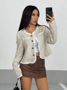 SHEIN PETITE 女款優雅刺繡飾邊前開扣長袖西裝外套，春夏款，適合嬌小女性 - 淺灰色 - 查看 5