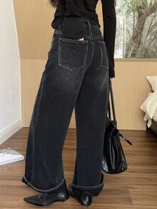 DAZY Women's Loose Flared Thermal-Lined Long Casual Jeans, Autumn/Winter - Dark Grey - View 7