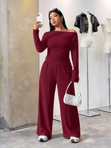 SHEIN EZwear Bộ đồ dệt kim dài tay màu đỏ rượu vang 2 món và quần dài, cỡ lớn, ôm vừa vặn - Màu Đỏ Sâu - Xem 3