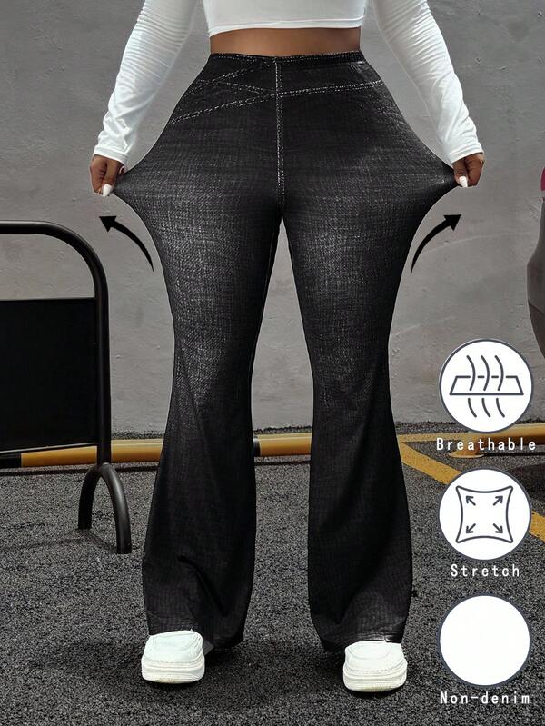 SHEIN EZwear 大码休闲牛仔效果印花喇叭裤