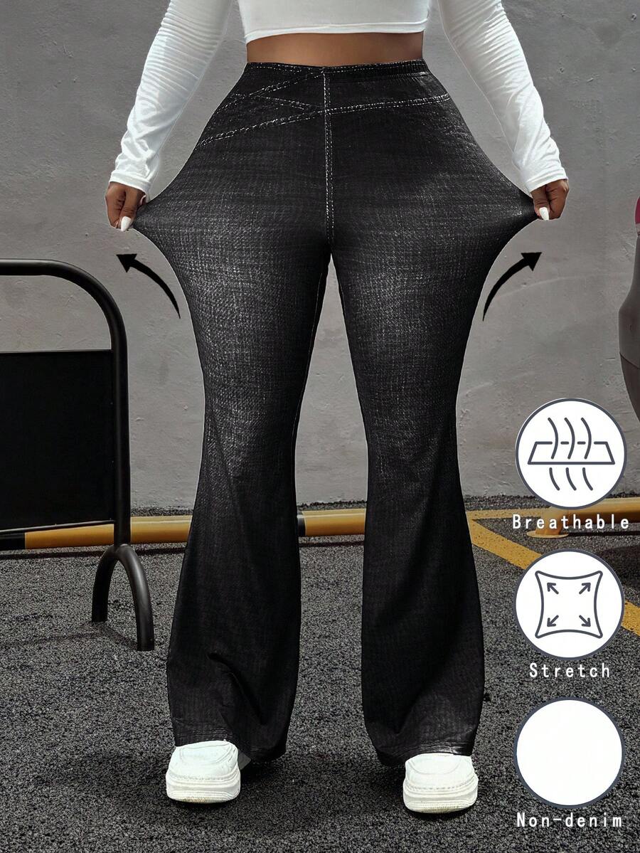 SHEIN EZwear Pantalones acampanados de efecto denim de talla grande y estilo informal