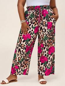 SHEIN LUNE Pantalones casuales de talla grande para mujer con estampado de leopardo y floral, de cintura alta y sueltos, para el verano. Pantalones casuales, pantalones para salir de "Old Money" - Multicolor - Ver 5