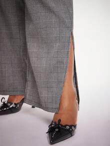 SHEIN SXY Plus Size Women's Elegant Sexy Plaid High-Waisted Side Slit Suit Pants, Suitable For Office Commute, Business, Party, Minimalist, Birthday, Formal Events, Autumn/Winter