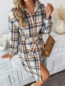 SHEIN LUNE Vestido camisero casual de mujer de manga larga a cuadros, vestido a cuadros de mujer de manga larga, vestido camisero a cuadros de mujer, vestido a cuadros de mujer para otoño