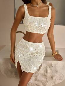 Vowa Vestido ajustado de dos piezas de mini longitud con lentejuelas lujoso, elegante, sexy, apropiado para fiestas, vacaciones, citas románticas y bodas.