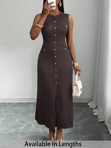 SHEIN PETITE CURVE Đầm không tay cổ tròn màu trơn thanh lịch cỡ lớn, thích hợp để đi làm - màu nâu - Xem 1