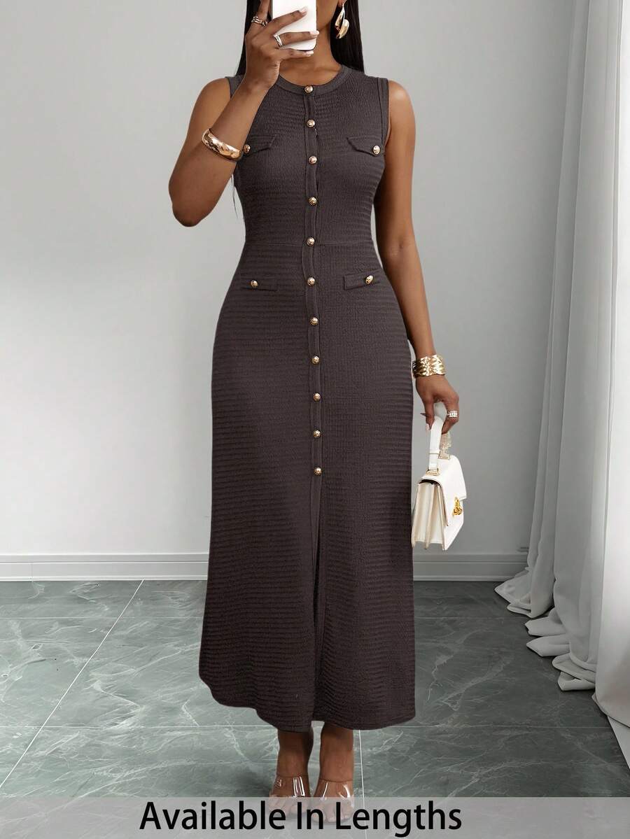 SHEIN PETITE CURVE Đầm không tay cổ tròn màu trơn thanh lịch cỡ lớn, thích hợp để đi làm - màu nâu - Xem 1