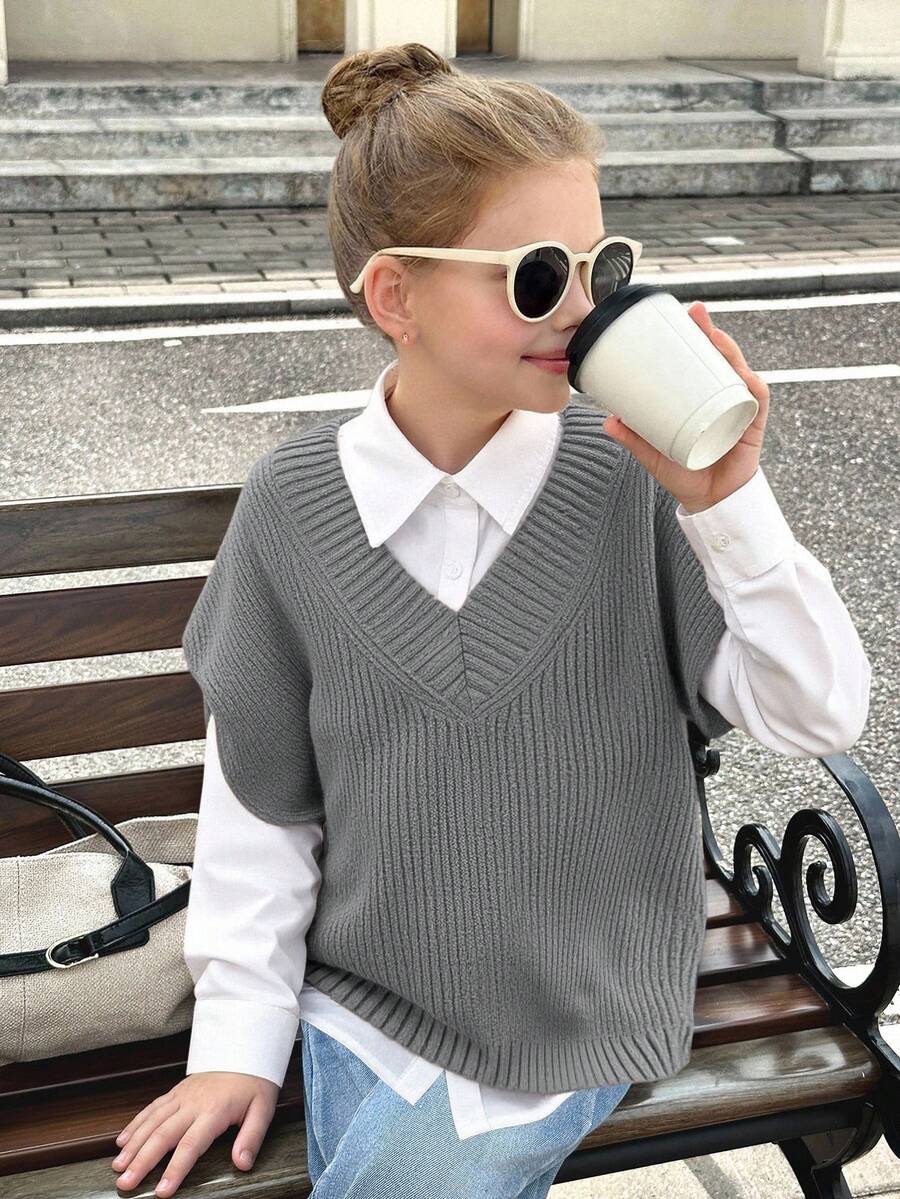SHEIN Serisse Kids 青少年女孩休闲宽松纯色超大V领中长款毛衣背心 - 灰色 - 查看 1