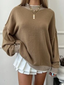 Livesso Women's Casual Loose Fit Contrast Color Chunky Knit Sweater, Autumn - Coffee Brown - View 3
