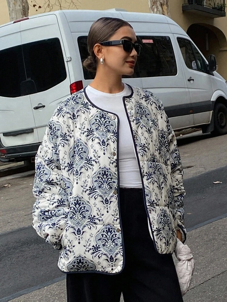Autumn/Winter New Loose Casual Round Neck Blue And White Porcelain Print Women Padded Coat Jacket