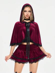 ROMWE Avant 2 件套女士万圣节角色扮演小红帽斗篷和迷你裙套装 - 酒紅色 - 查看 5