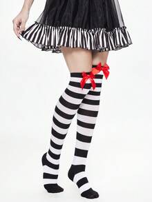 ROMWE Grunge Punk 1 par de calcetines por encima de la rodilla a rayas blancas y negras con decoración de lazo color rojo oscuro - Blanco y Negro - Ver 5