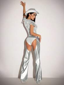 SHEIN ICON 2 件 Y2k 万圣节角色扮演银色派对闪光 V 领服装角色扮演，女式亮片装饰紧身衣和低腰性感镂空喇叭裤 2 件套 - 銀色 - 查看 2