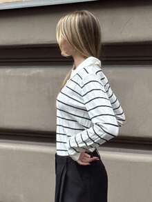 Pariaura Áo len chui đầu dệt kim kẻ sọc đen trắng tương phản, lớp lót bó sát dành cho nữ mùa thu/đông - Đen và trắng - Xem 4