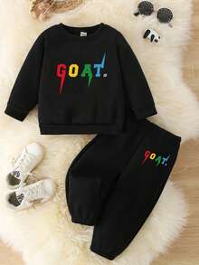 SHEIN 2pcs Setelan Bayi Laki-laki Kasual Sederhana dengan Motif Huruf dan Celana Jogger, Baju Olahraga Bayi untuk Musim Gugur dan Musim Dingin - Hitam - View 5