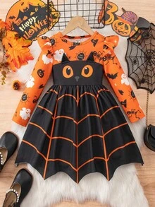 SHEIN 小女孩可爱卡通图案长袖连衣裙，适合万圣节派对 - 橘色 - 查看 2