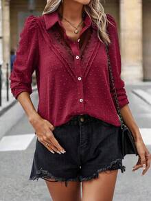 SHEIN LUNE 女士纯色撞色蕾丝泡泡袖优雅衬衫，春夏女士衬衫