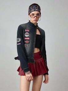 ROMWE Avant Vintage Distressed Retro Logo Denim Jacket And Coat For Women