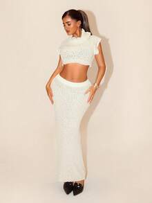 Sirith Women's Solid Color Cropped Knit Top And Knitted Blend Pencil Skirt 2 Pieces Set, Fitted & Sexy