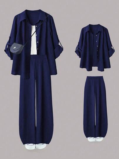 Linhara Plus Size Women's Casual 2 Pieces Set, Solid Color Turndown Collar Single-Breasted Casual Commuter Shirt And High Waist Loose Wide Leg Pants Suit