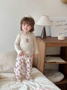 DAZY 2 Stücke Baby Mädchen Lässig Cartoon Muster Rundhals Bequemes T-Shirt und Hose Homewear Set