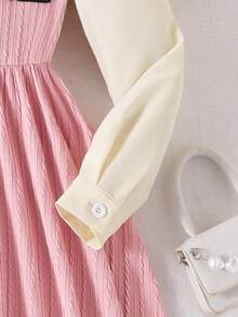 Khaki Textured Fabric Long Sleeve Dress Fall Winter - Pink - View 3