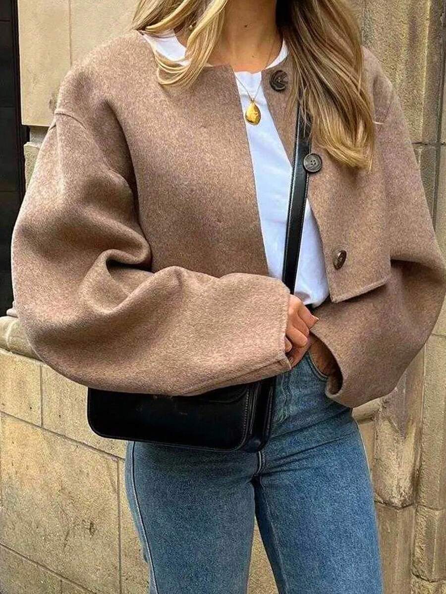Siren Gaze Women's Solid Color Round Neck Drop Shoulder Short Jacket, New Autumn Style,Cropped Blended Overcoat, Travel Jacket, Motorcycle Wear
