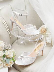 CUCCOO HITCHD White Pointed Toe Stiletto Heel Lace Mesh Pearl Elegant Wedding Party Women's High Heel Sandals For Christmas - White - View 13