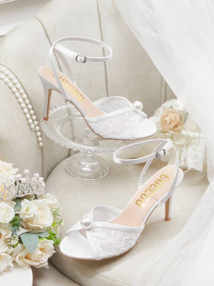 CUCCOO HITCHD White Pointed Toe Stiletto Heel Lace Mesh Pearl Elegant Wedding Party Women's High Heel Sandals For Christmas Elegant Shoes Wedding Shoes Summer Shoes Bride Shoes