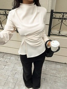 Siren Gaze Elegant Stand Collar Pleated Long Sleeve Blouse Winter - Apricot - View 6