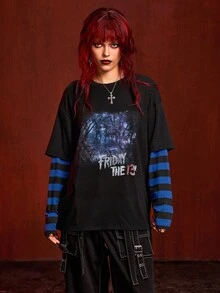 Friday the 13th X ROMWE Women's Casual Fashion Street Goth Style Letter & Tree Pattern Contrast Stripe 2-In-1 Loose T-Shirt, Spring/Autumn - Black - View 7