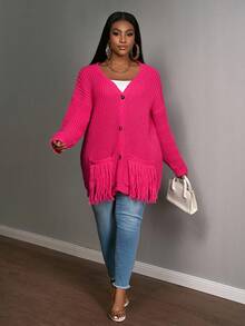 Slaydiva Cerise Pink Autumn Curve Smart Casual Loungewear,Plus Size Women Elegant Vintage Bohemian Knitted Pocket Tassel Cardigan,Office Streetwear - Pink - View 4
